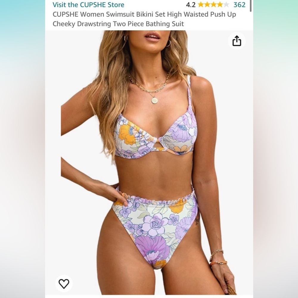 CUPSHE Swimsuit Bikini Set High Waisted Push Up Cheeky Drawstring Two Piece XL